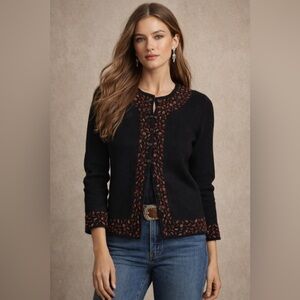 J. Jill Black Cotton Cardigan with Wool Embroidery Large